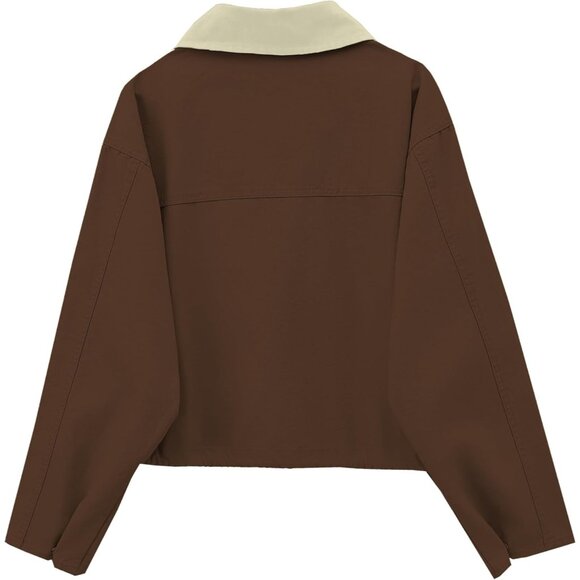 Women Coffee Cropped Utility Cargo Coat Contrast Collar Barn Outwear - Picture 4 of 6